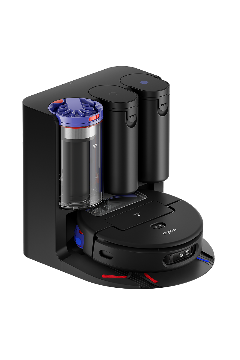 El robot aspirador Dyson Spot+Scrub Ai en su base de carga.